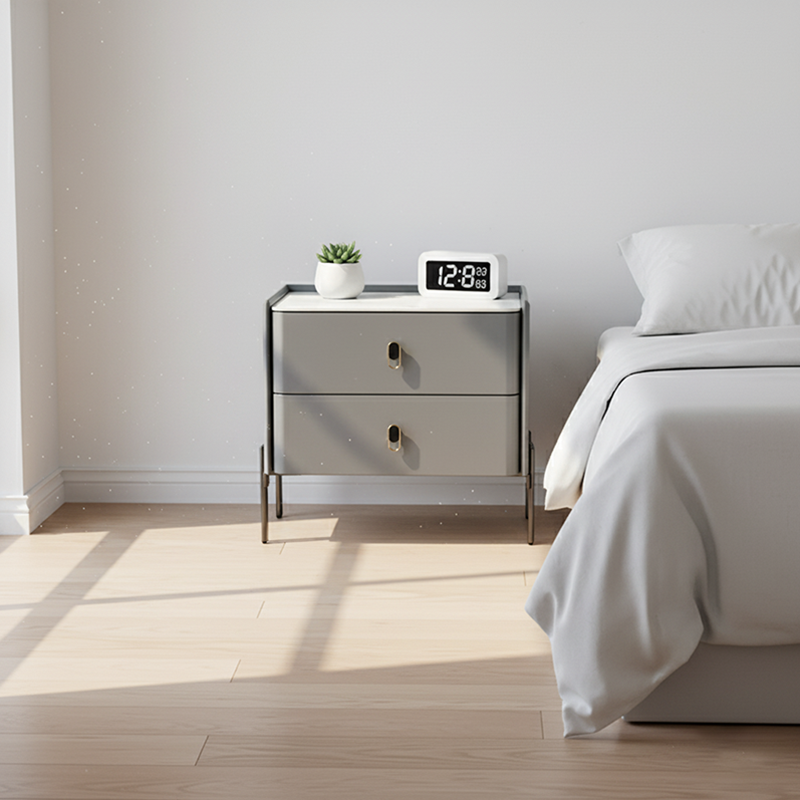 Eco-Friendly Scandinavian Nightstand - Rock Slab Tabletop & Corrosion-Resistant Legs Bedside Table 2-Drawer For Bedroom Lumendat