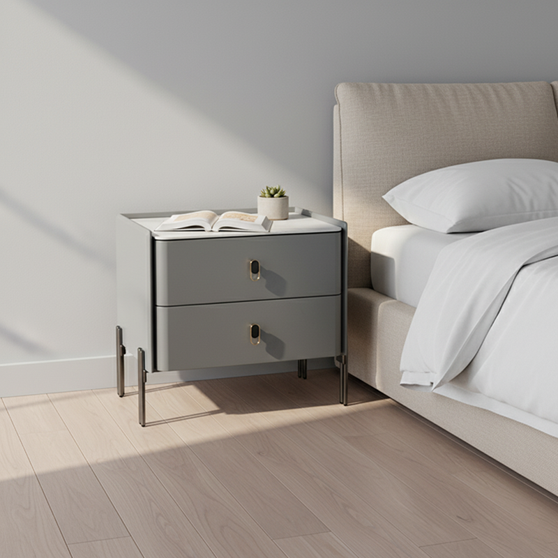Eco-Friendly Scandinavian Nightstand - Rock Slab Tabletop & Corrosion-Resistant Legs Bedside Table 2-Drawer For Bedroom Lumendat
