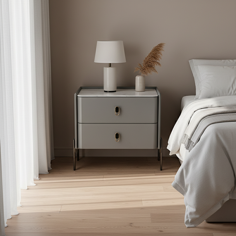 Eco-Friendly Scandinavian Nightstand - Rock Slab Tabletop & Corrosion-Resistant Legs Bedside Table 2-Drawer For Bedroom Lumendat