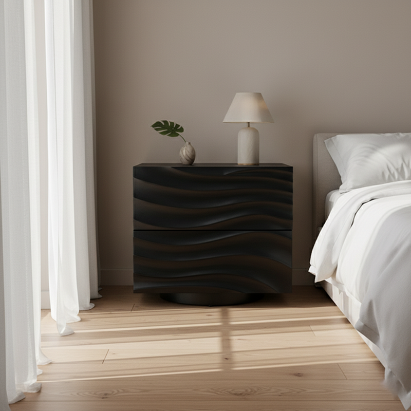 Romantic French Nightstand - Wave-Patterned Surface Solid Wood Multi-Layer Board Bedside Table 2-Drawer For Bedroom Lumendat