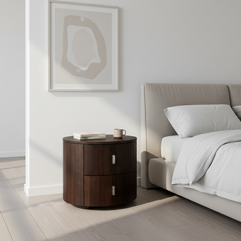 Eco-Friendly Vintage Nightstand - Soft-Edged Design Smoked Wood Veneer Bedside Table 2-Drawer For Bedroom & Living Room Lumendat