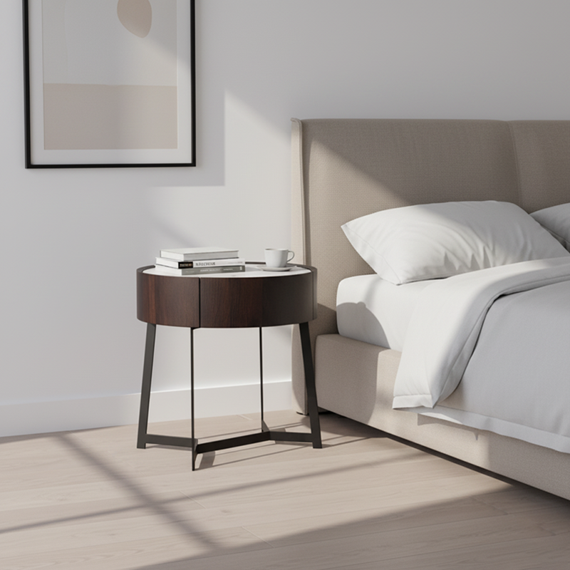 Cool Industrial Bedside Table - Eco-Friendly Material & Scratch-Resistant Sintered Stone Top Nightstand 1-Drawer For Bedroom Lumendat