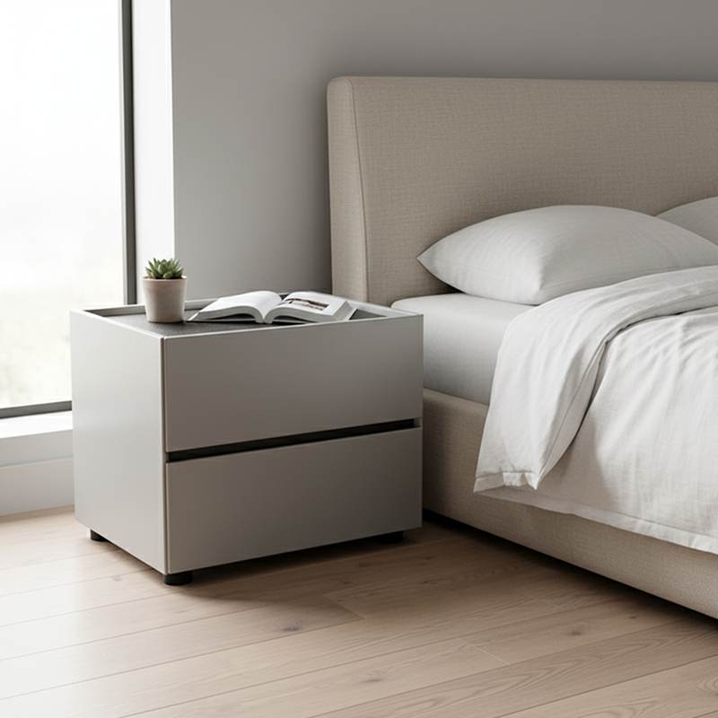 Sleek Smoked Wood Veneer Bedside Cabinet - Minimalist Non-Toxic Material Nightstand 2-Drawer For Bedroom Lumendat