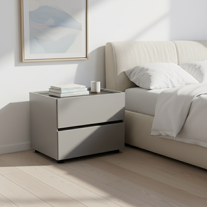 Sleek Smoked Wood Veneer Bedside Cabinet - Minimalist Non-Toxic Material Nightstand 2-Drawer For Bedroom Lumendat