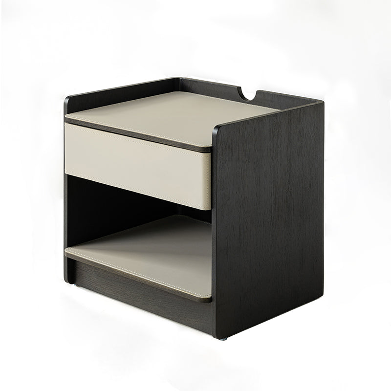 Contemporary Curved Edge Saddle Leather Bedside Table - Open Storage 1 Drawer Nightstand For Bedroom Lumendat
