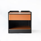 Contemporary Curved Edge Saddle Leather Bedside Table - Open Storage 1 Drawer Nightstand For Bedroom Lumendat