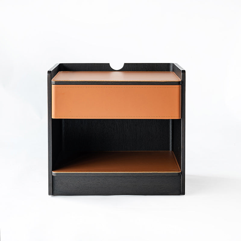 Contemporary Curved Edge Saddle Leather Bedside Table - Open Storage 1 Drawer Nightstand For Bedroom Lumendat