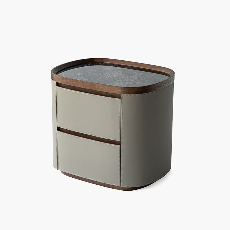 Modern Luxury Rounded Edge Bedside Cabinet - Saddle Leather 2 Drawer Nightstand For Bedroom Lumendat