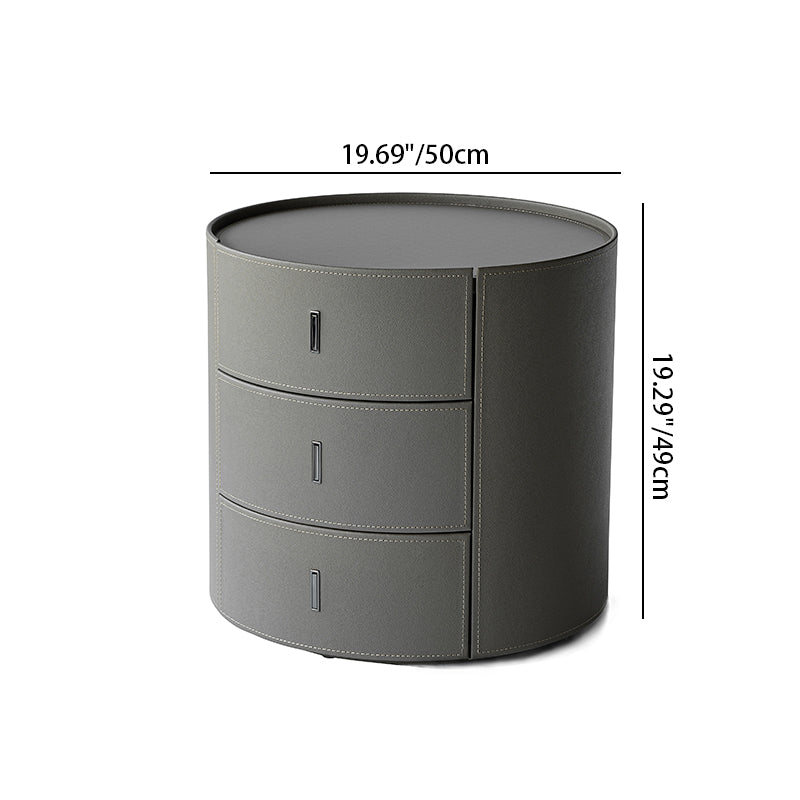 Contemporary Scandinavian Microfiber Leather Bedside Table - Cylindrical 3 Hidden Drawers Nightstand For Bedroom Lumendat