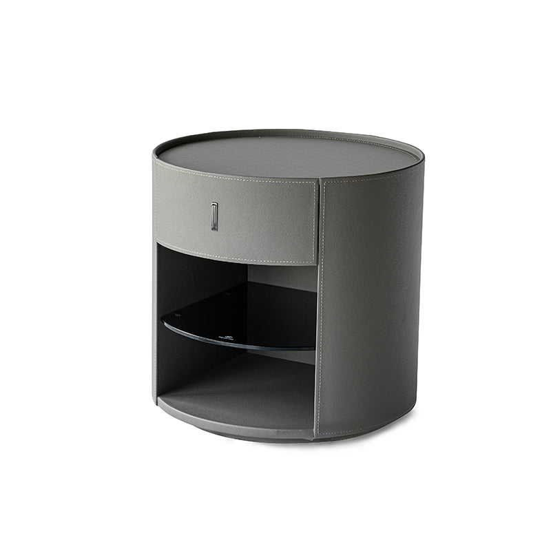 Contemporary Circular Round Bedside Table - Microfiber Leather 1 Drawer Nightstand For Bedroom Lumendat