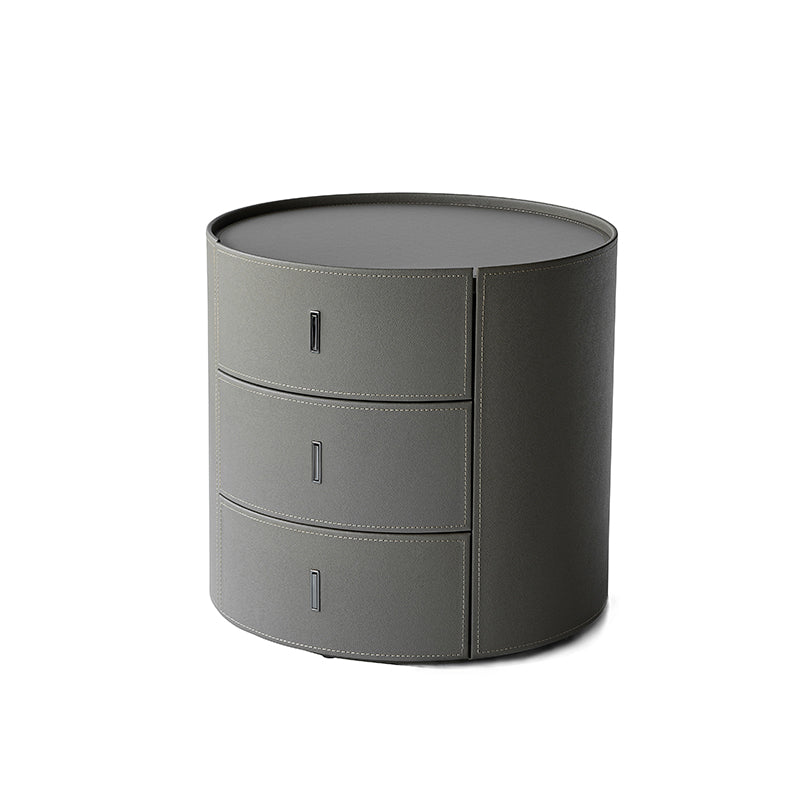 Contemporary Scandinavian Microfiber Leather Bedside Table - Cylindrical 3 Hidden Drawers Nightstand For Bedroom Lumendat