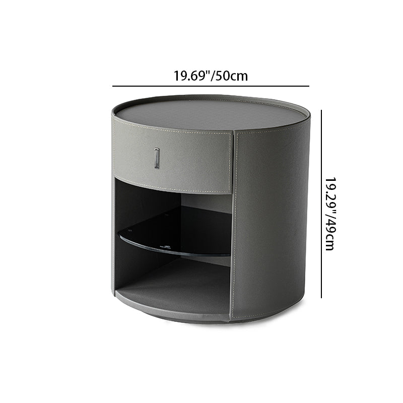 Contemporary Circular Round Bedside Table - Microfiber Leather 1 Drawer Nightstand For Bedroom Lumendat