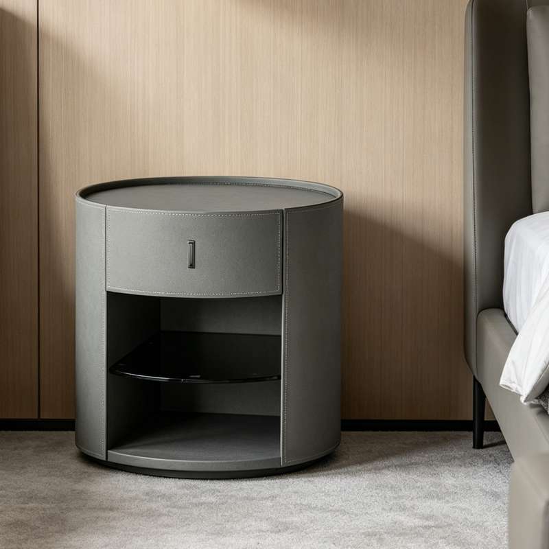 Contemporary Circular Round Bedside Table - Microfiber Leather 1 Drawer Nightstand For Bedroom Lumendat