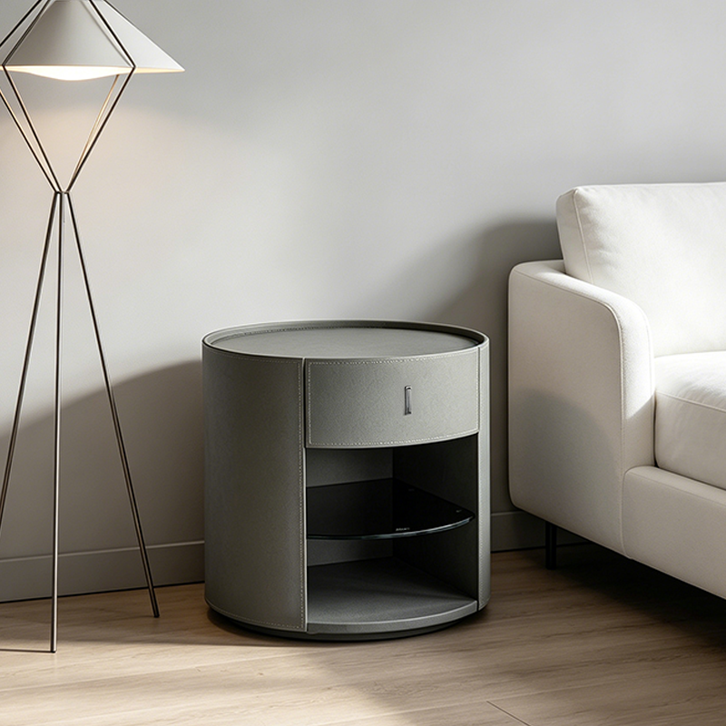 Contemporary Circular Round Bedside Table - Microfiber Leather 1 Drawer Nightstand For Bedroom Lumendat