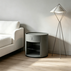 Contemporary Circular Round Bedside Table - Microfiber Leather 1 Drawer Nightstand For Bedroom Lumendat