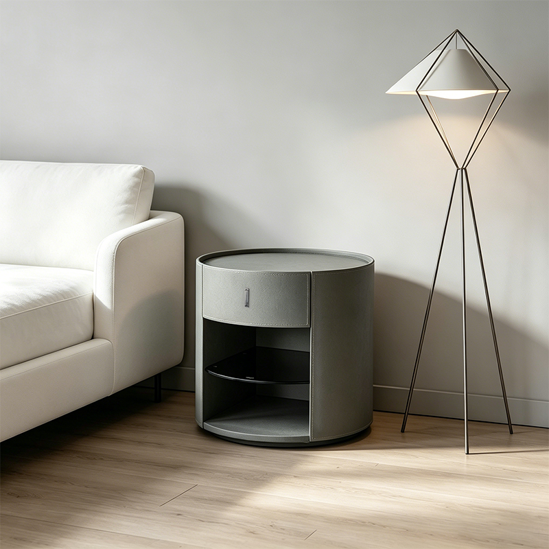 Contemporary Circular Round Bedside Table - Microfiber Leather 1 Drawer Nightstand For Bedroom Lumendat
