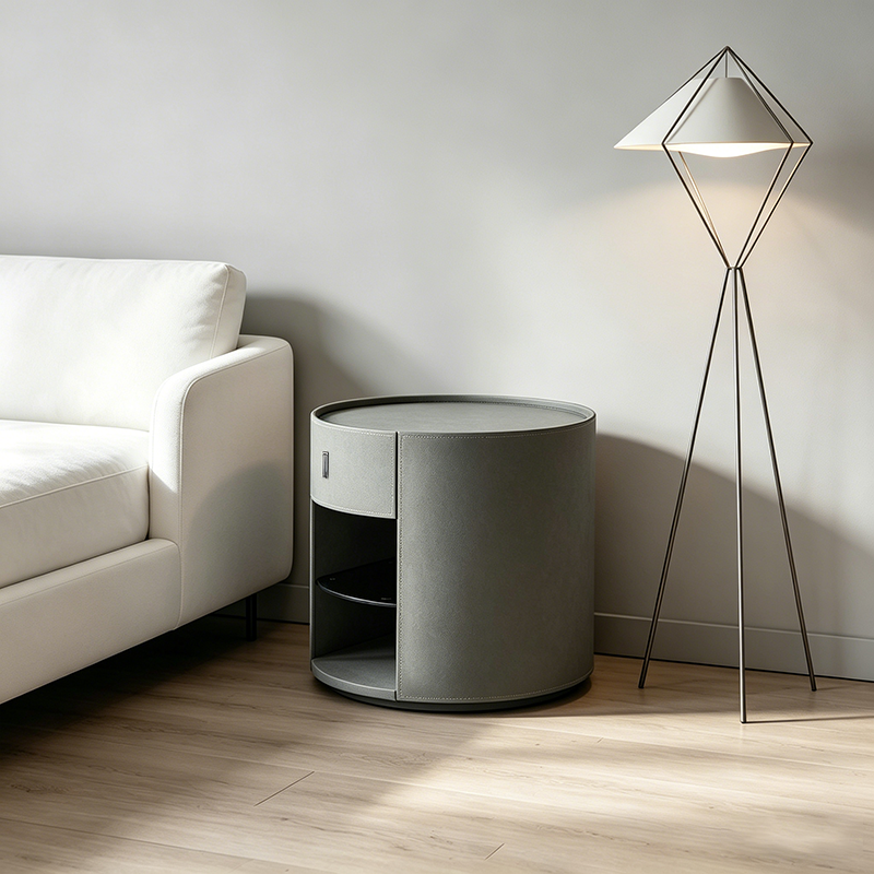 Contemporary Circular Round Bedside Table - Microfiber Leather 1 Drawer Nightstand For Bedroom Lumendat