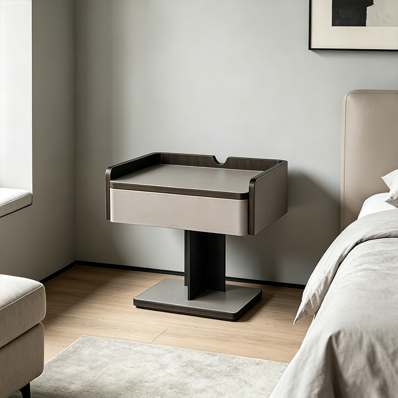 Contemporary Soft-Touch Faux Saddle Leather End Table - Floating 1 Drawer Nightstand For Bedroom Lumendat