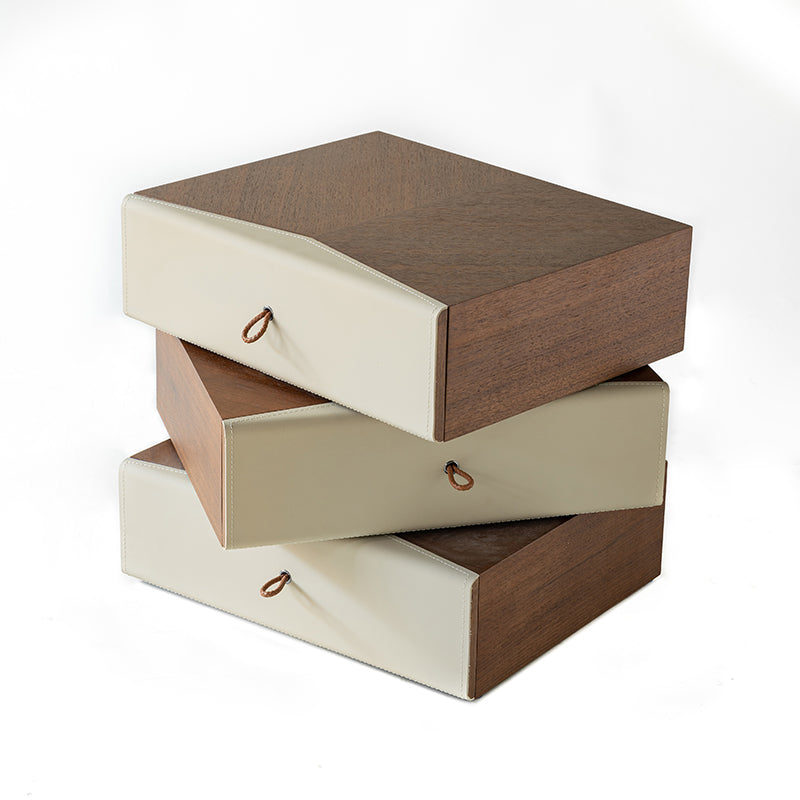 Traditional French Saddle Leather Rotatable Bedside Table - Swivel 3 Drawer Nightstand For Bedroom Lumendat