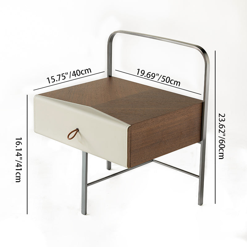 Contemporary Creative Saddle Leather Bedside Table - Square Metal Frame 1 Drawer Nightstand For Bedroom Lumendat