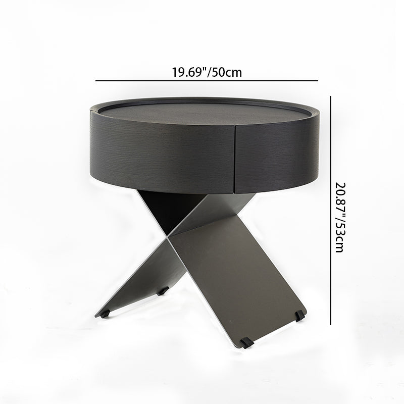 Contemporary Sculptural X-Metal Base Bedside Table - Round 1 Drawer Nightstand For Bedroom Lumendat