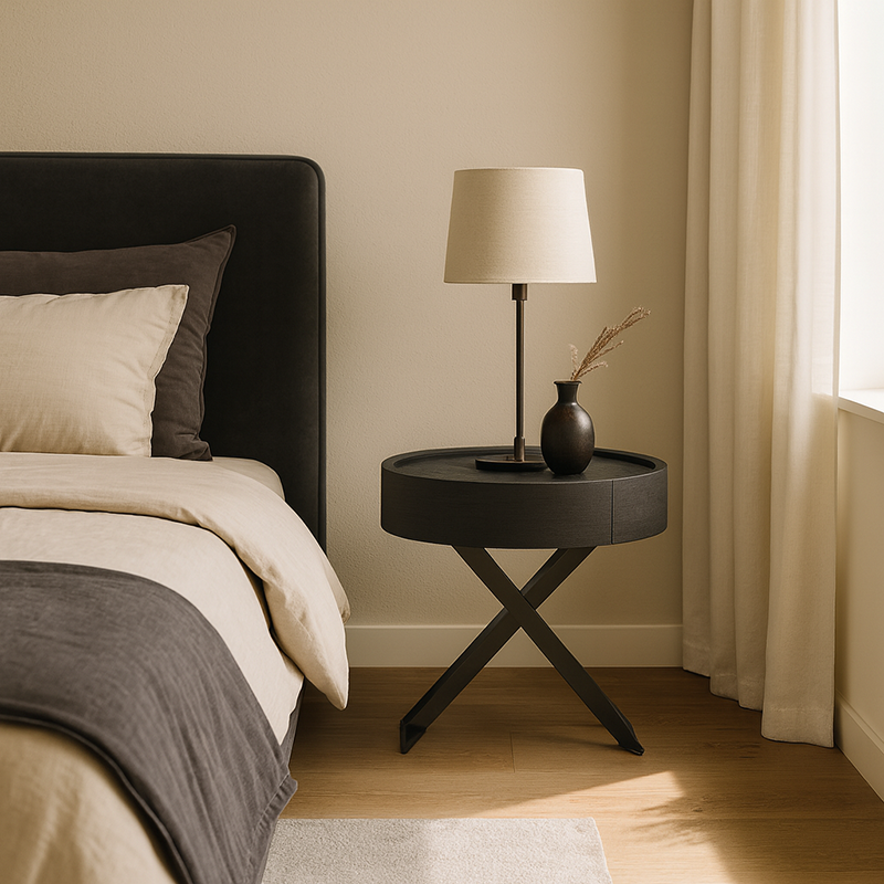 Contemporary Sculptural X-Metal Base Bedside Table - Round 1 Drawer Nightstand For Bedroom Lumendat
