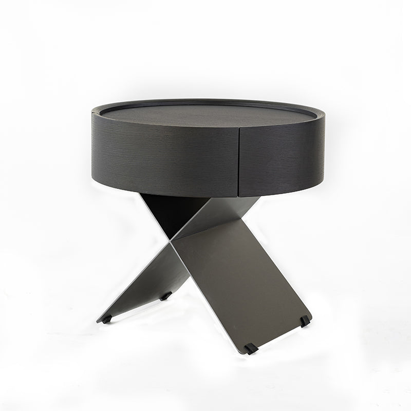Contemporary Sculptural X-Metal Base Bedside Table - Round 1 Drawer Nightstand For Bedroom Lumendat