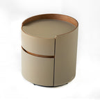 Traditional Chinese Faux Saddle Leather Round Bedside Table - 2 Drawers Nightstand For Bedroom Lumendat