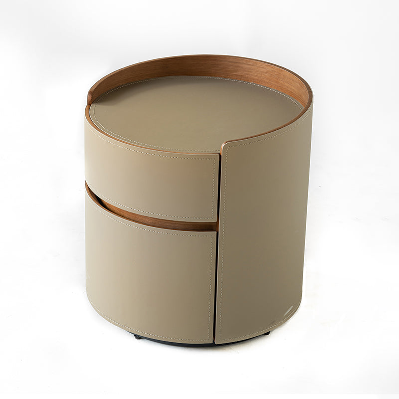Traditional Chinese Faux Saddle Leather Round Bedside Table - 2 Drawers Nightstand For Bedroom Lumendat