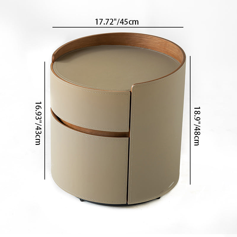 Traditional Chinese Faux Saddle Leather Round Bedside Table - 2 Drawers Nightstand For Bedroom Lumendat
