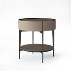 Contemporary Creative Saddle Leather Side Table - Round Metal Legs 1 Drawers Nightstand For Bedroom Lumendat