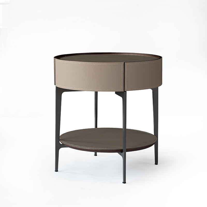 Contemporary Creative Saddle Leather Side Table - Round Metal Legs 1 Drawers Nightstand For Bedroom Lumendat