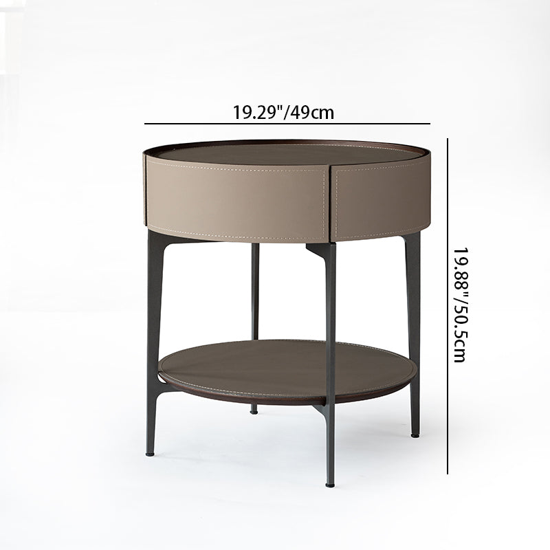 Contemporary Creative Saddle Leather Side Table - Round Metal Legs 1 Drawers Nightstand For Bedroom Lumendat