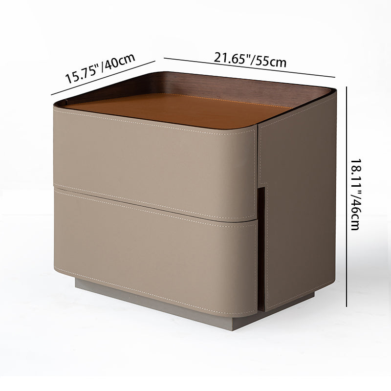 Modern Luxury Faux Saddle Leather Side Table - Soft-Edge Square 2 Drawers Nightstand For Bedroom Lumendat