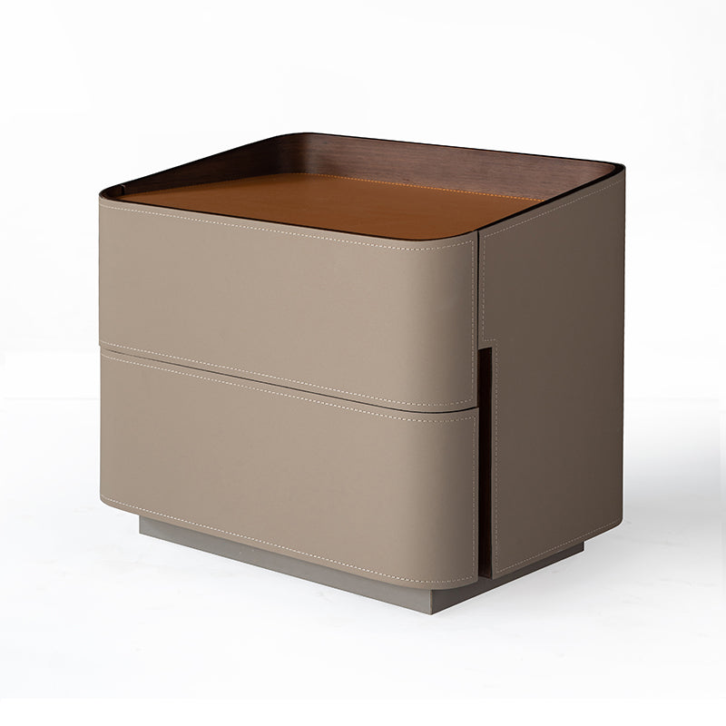 Modern Luxury Faux Saddle Leather Side Table - Soft-Edge Square 2 Drawers Nightstand For Bedroom Lumendat