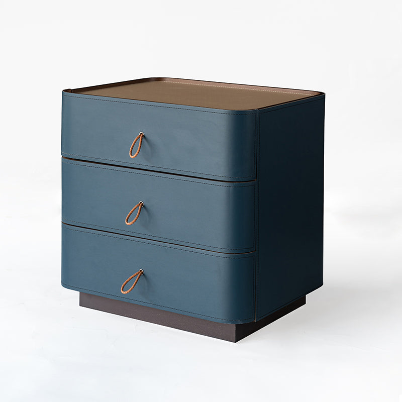 Modern Luxury Rounded Corner Curved Side Table - Faux Saddle Leather 3-Drawer Nightstand For Bedroom Lumendat