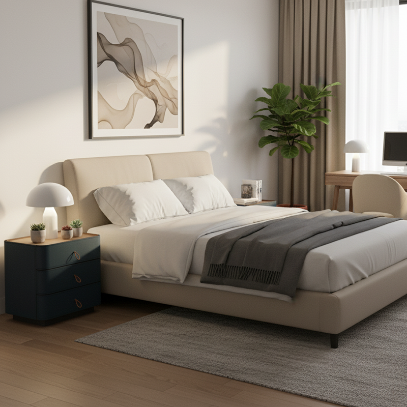 Modern Luxury Rounded Corner Curved Side Table - Faux Saddle Leather 3-Drawer Nightstand For Bedroom Lumendat