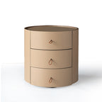 Contemporary Beige Faux Saddle Leather Bedside Table - Cylinder Round 3 Drawers Nightstand For Bedroom Lumendat