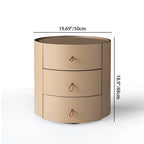 Contemporary Beige Faux Saddle Leather Bedside Table - Cylinder Round 3 Drawers Nightstand For Bedroom Lumendat