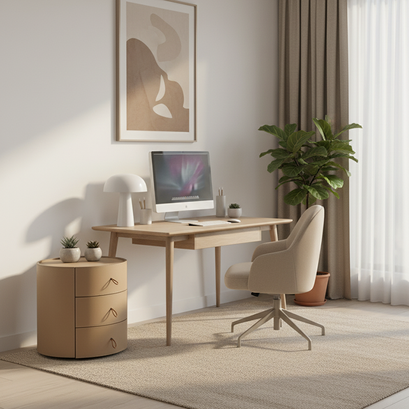 Contemporary Beige Faux Saddle Leather Bedside Table - Cylinder Round 3 Drawers Nightstand For Bedroom Lumendat