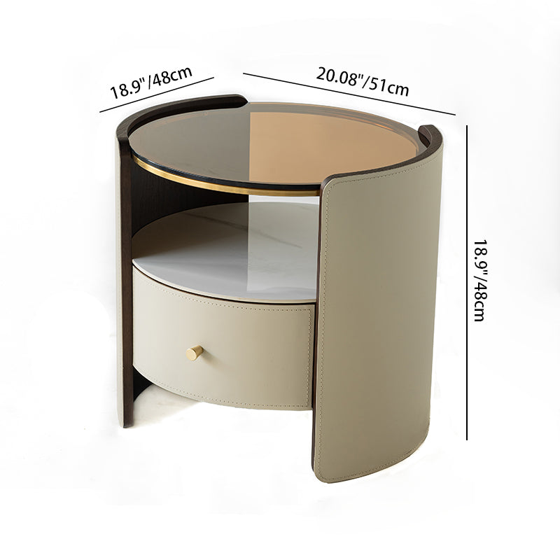 Contemporary Scandinavian Round Floating Side Table - Wrapped Saddle Leather Nightstand 1 Drawer For Bedroom Lumendat