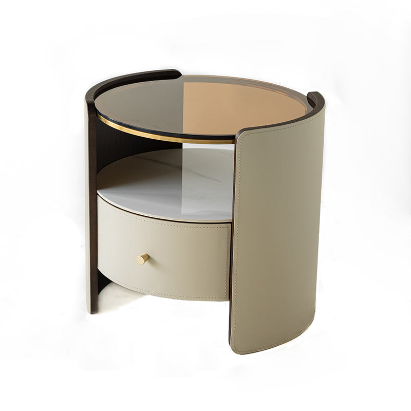 Contemporary Scandinavian Round Floating Side Table - Wrapped Saddle Leather Nightstand 1 Drawer For Bedroom Lumendat