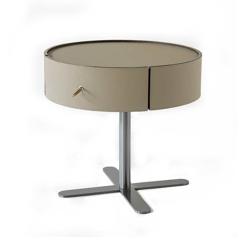 Contemporary Round Floating Nightstand With 1 Drawer - Faux Saddle Leather Bedside Table For Bedroom Lumendat