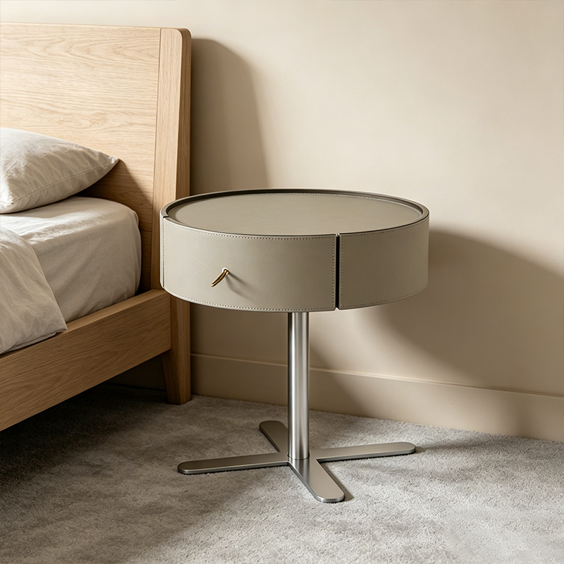 Contemporary Round Floating Nightstand With 1 Drawer - Faux Saddle Leather Bedside Table For Bedroom Lumendat