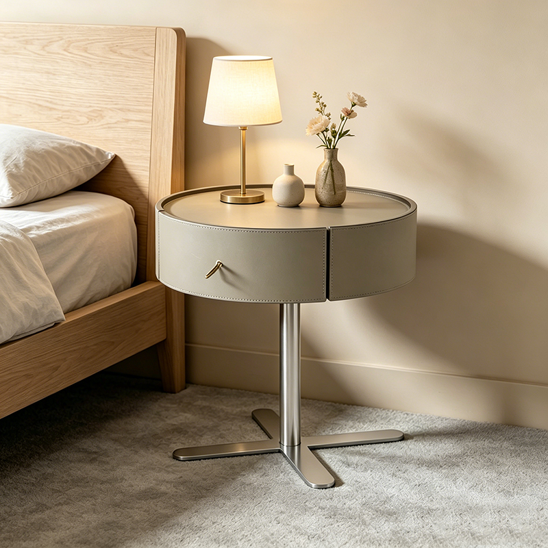 Contemporary Round Floating Nightstand With 1 Drawer - Faux Saddle Leather Bedside Table For Bedroom Lumendat