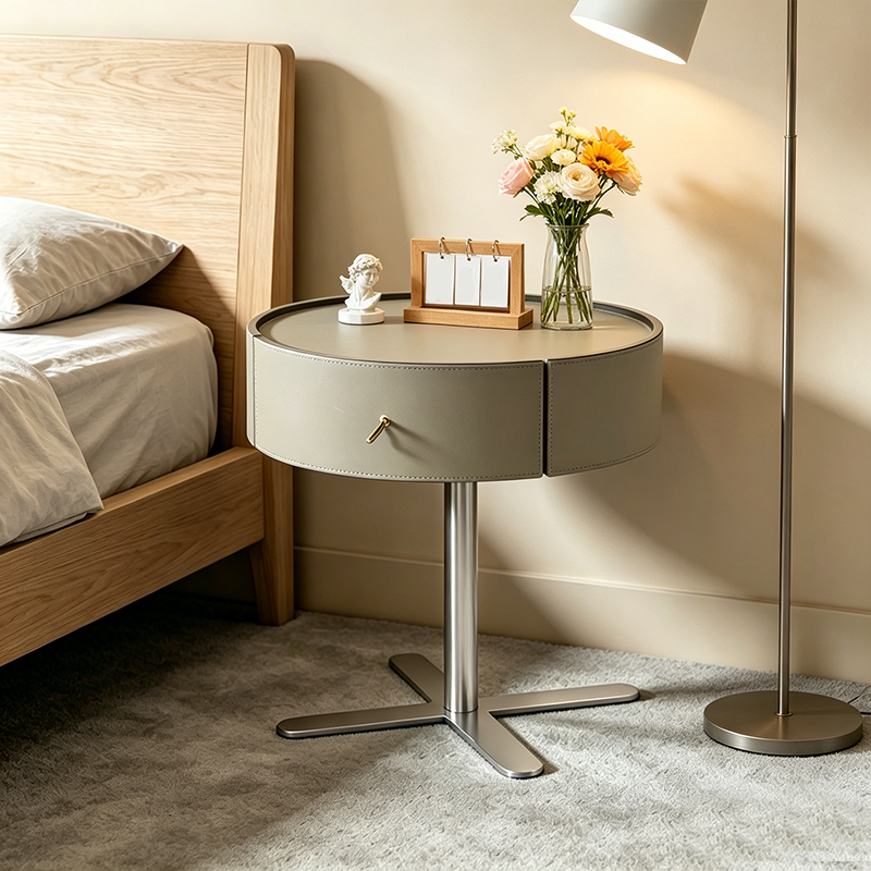 Contemporary Round Floating Nightstand With 1 Drawer - Faux Saddle Leather Bedside Table For Bedroom Lumendat