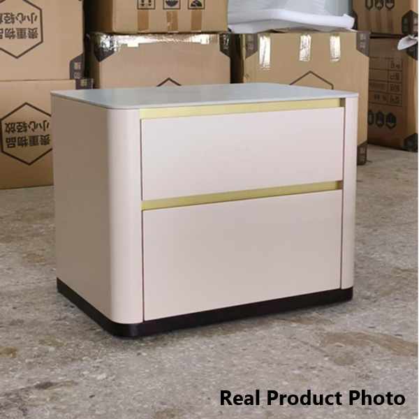Modern Cream Rounded Corners Bedside Table - Sintered Stone 2 Drawer Nightstand For Bedroom Lumendat