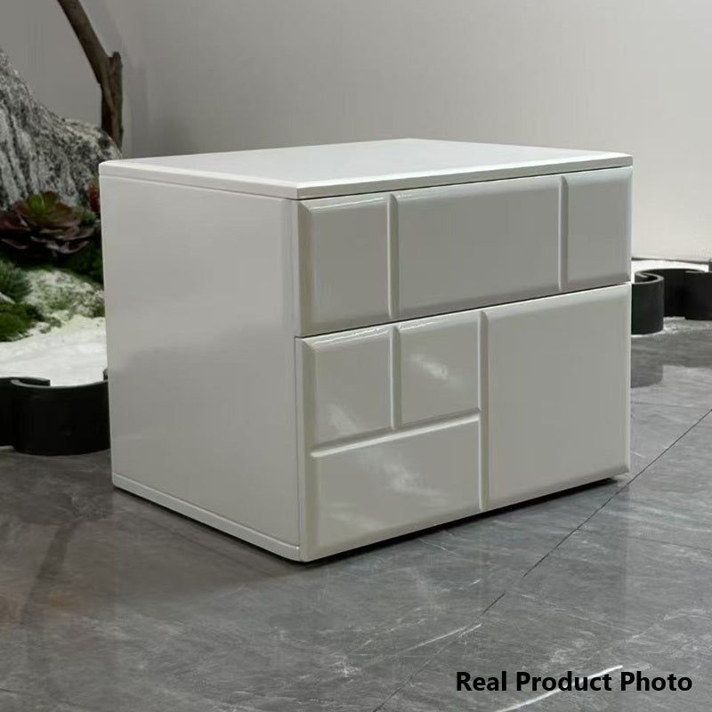 Modern Minimalist High-Gloss White Bedside Cabinet - 2 Drawer Geometric Texture Nightstand For Bedroom Lumendat