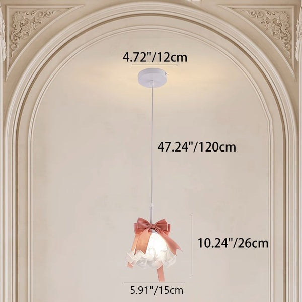 Traditional French Cream Girl Bow Round Iron Glass 1-Light Pendant Light For Bedroom