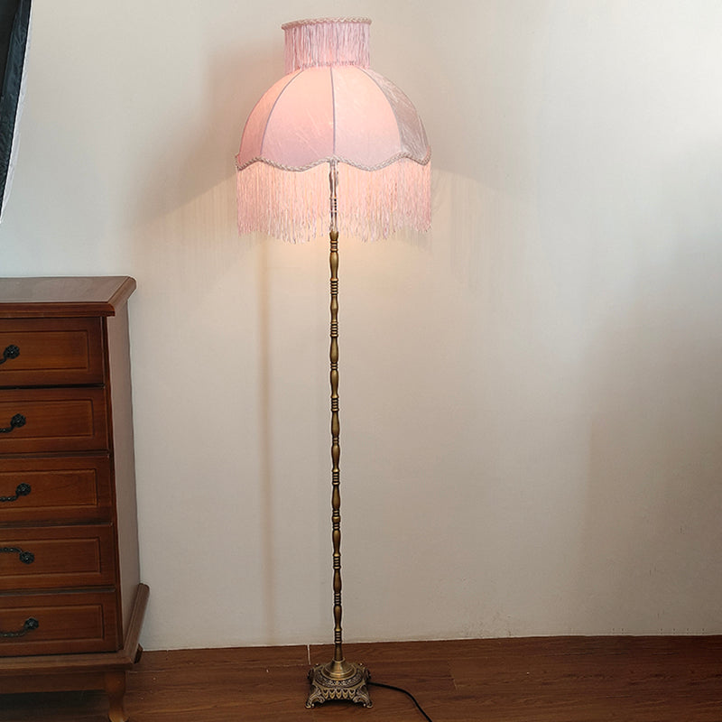 Traditional Vintage Cylinder Semicircle Tassel Fabric Copper 1-Light Standing Floor Lamp For Living Room Lumendat
